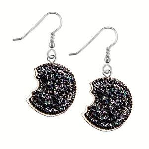 Earrings Glitter Cookies Dangle Drop Hook Silver tone